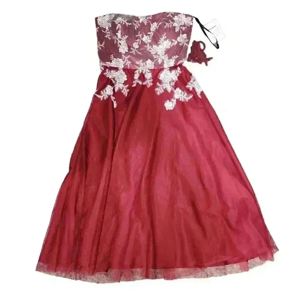 Dessy Collection Vivian Diamond Womens Floral Applique Tulle Dress Burgundy 4